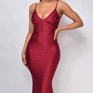 Burgundy Red V Neck Low Back Gown Prom Dress